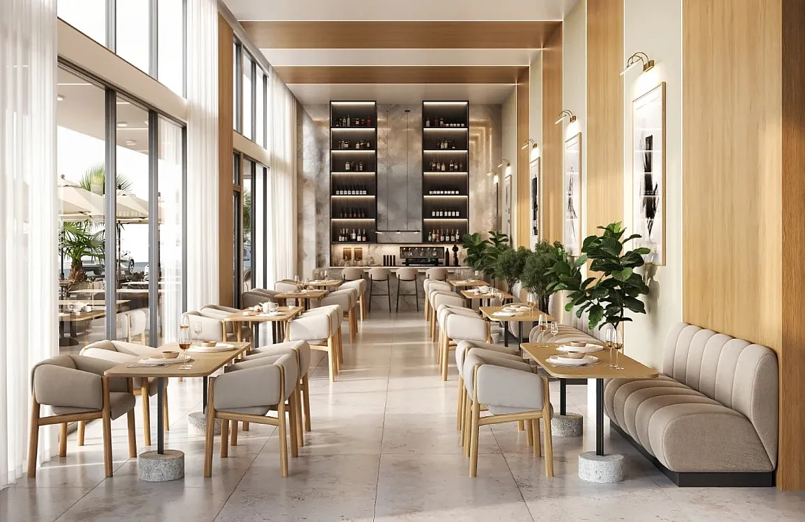 Restaurante interior moderno con vista al exterior
