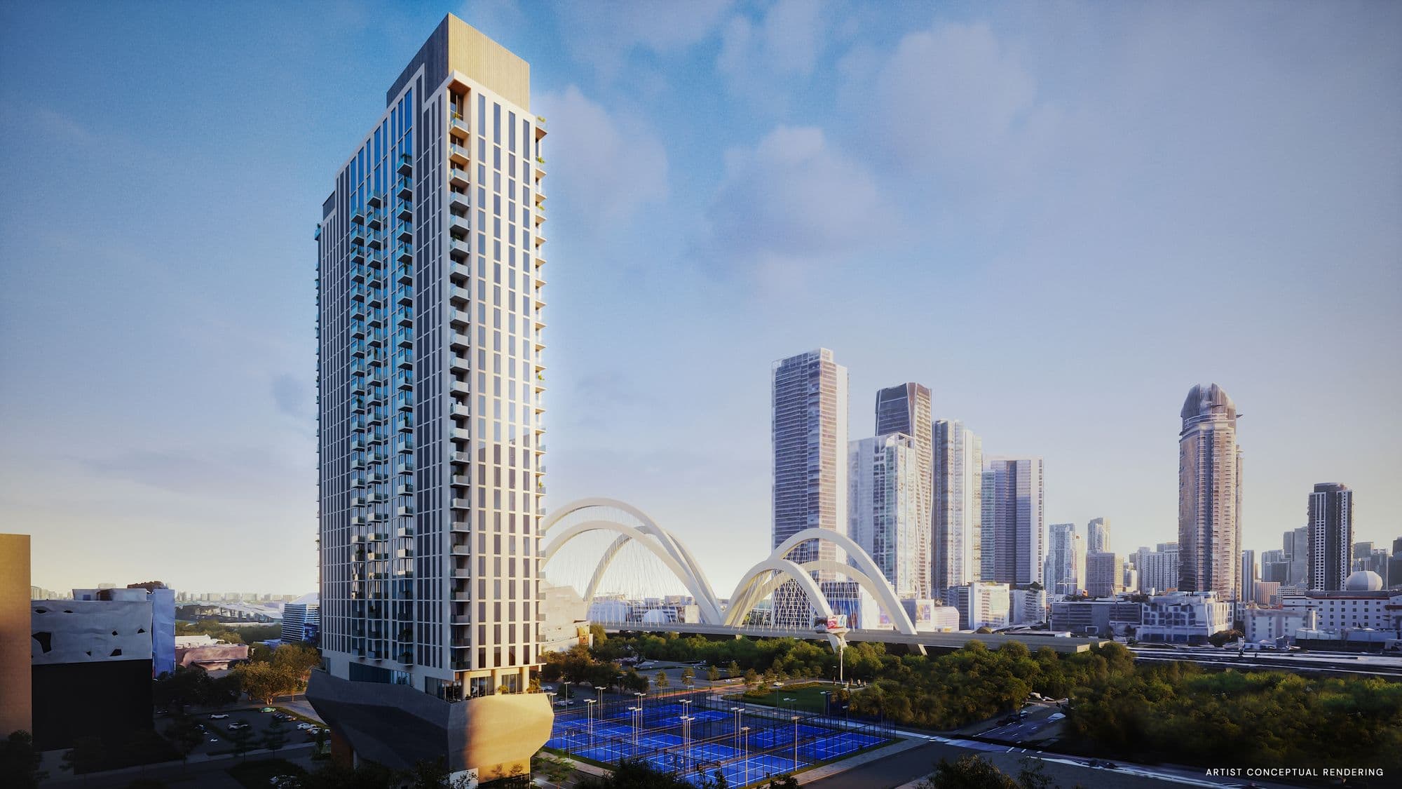 The tower beside the future Signature Bridge