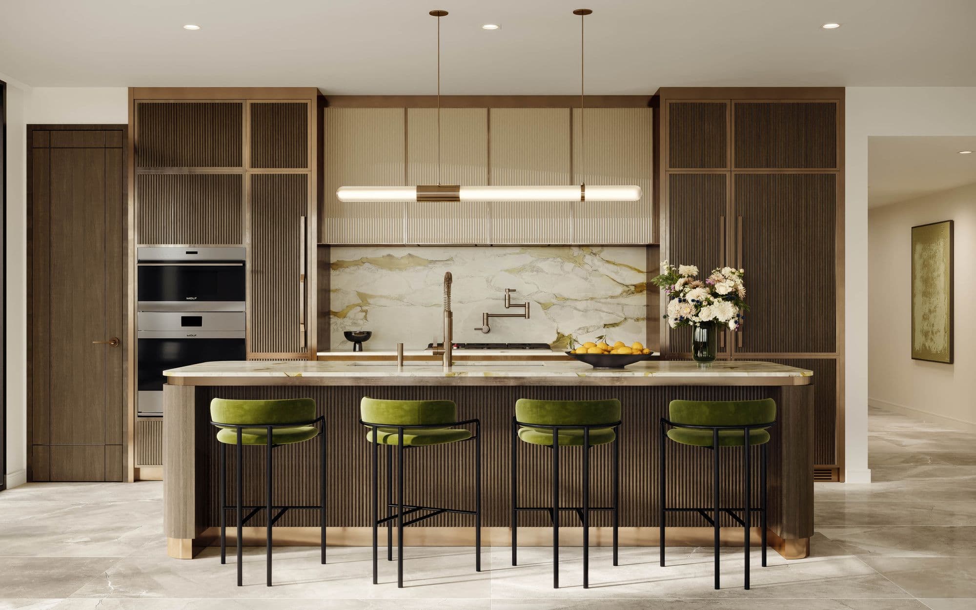 Kitchen with island and fluted oak cabinetry