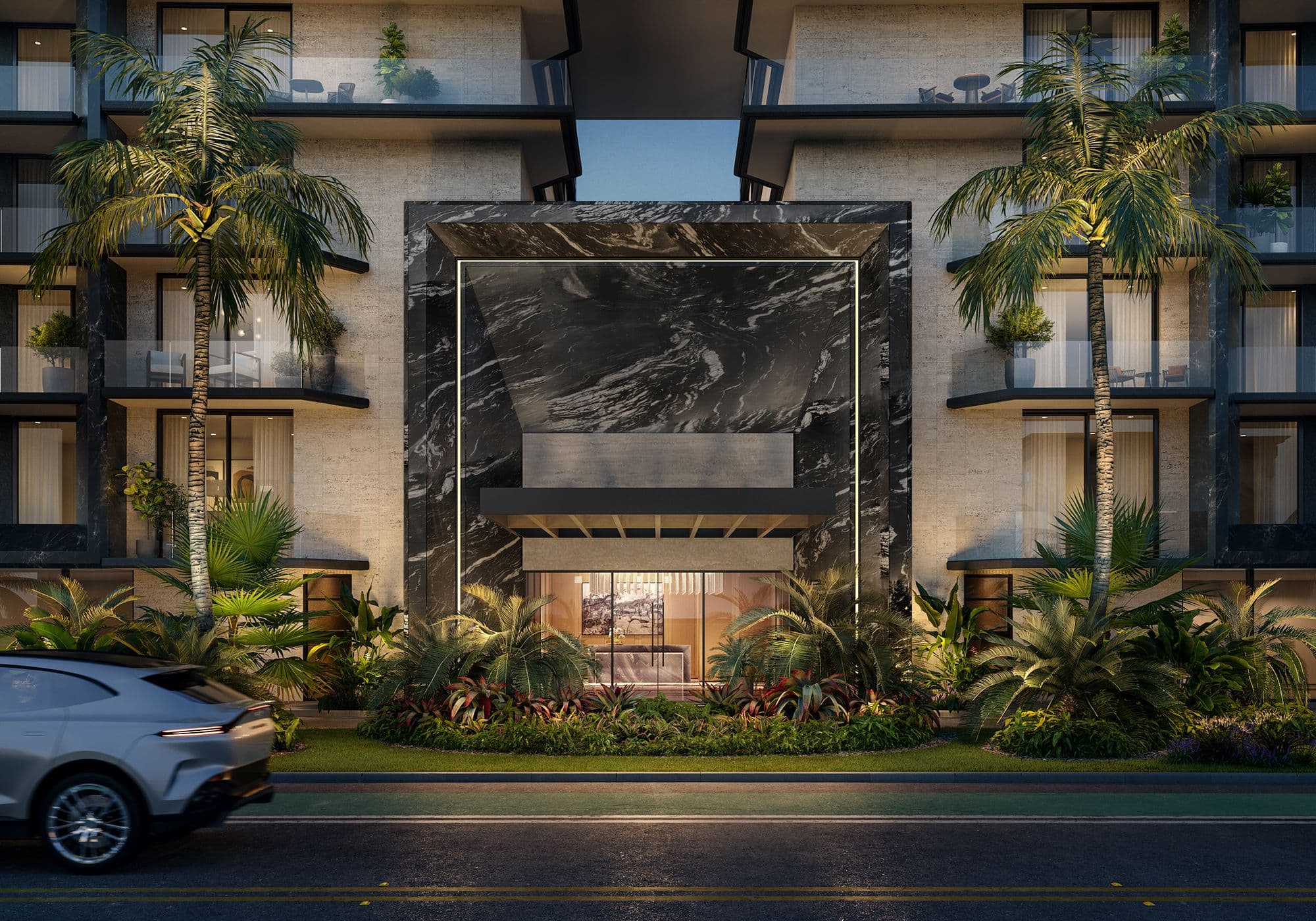 The entrance, with its black marble facade