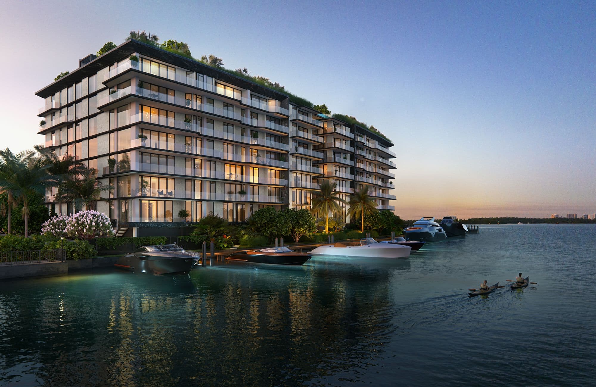 The building and its marina on Indian Creek at sunset