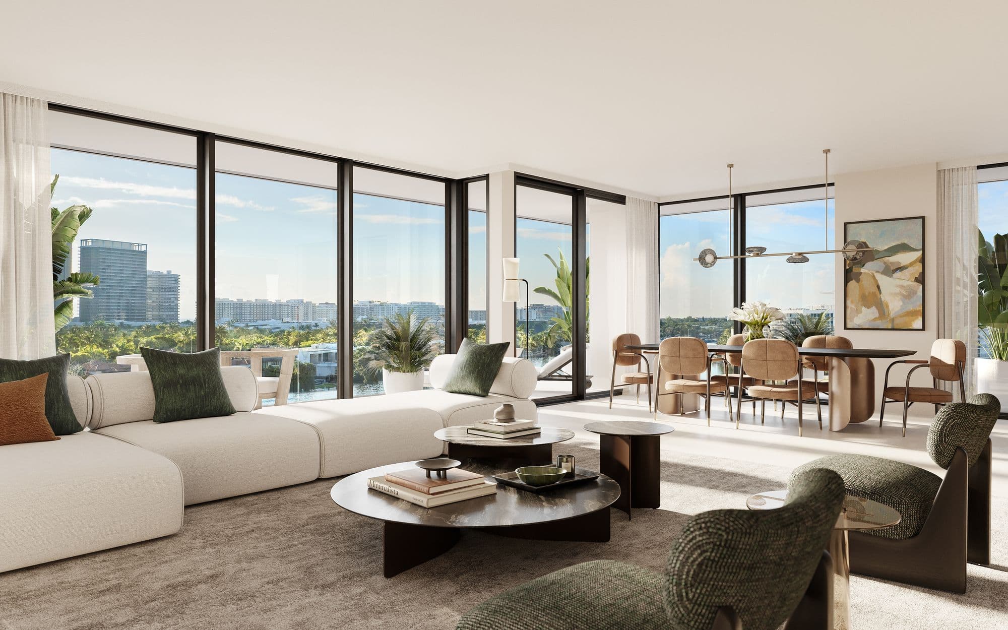 Living and dining area with water views