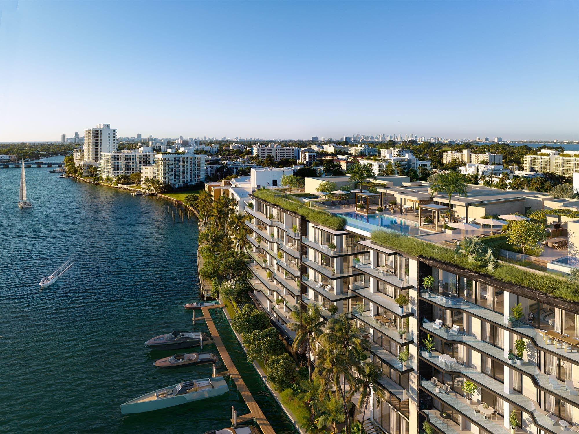 Aerial view of the building on the Indian Creek waterway