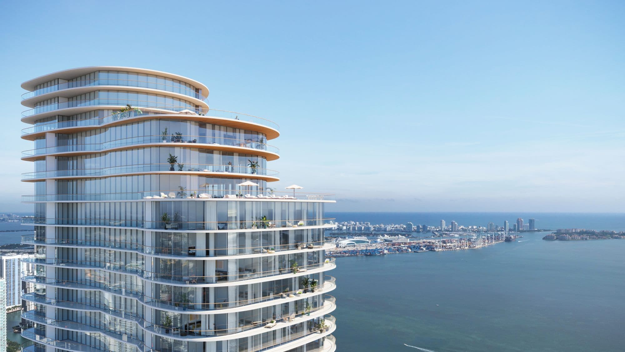 Pisos altos de Cipriani Residences Miami frente a la bahía de Biscayne