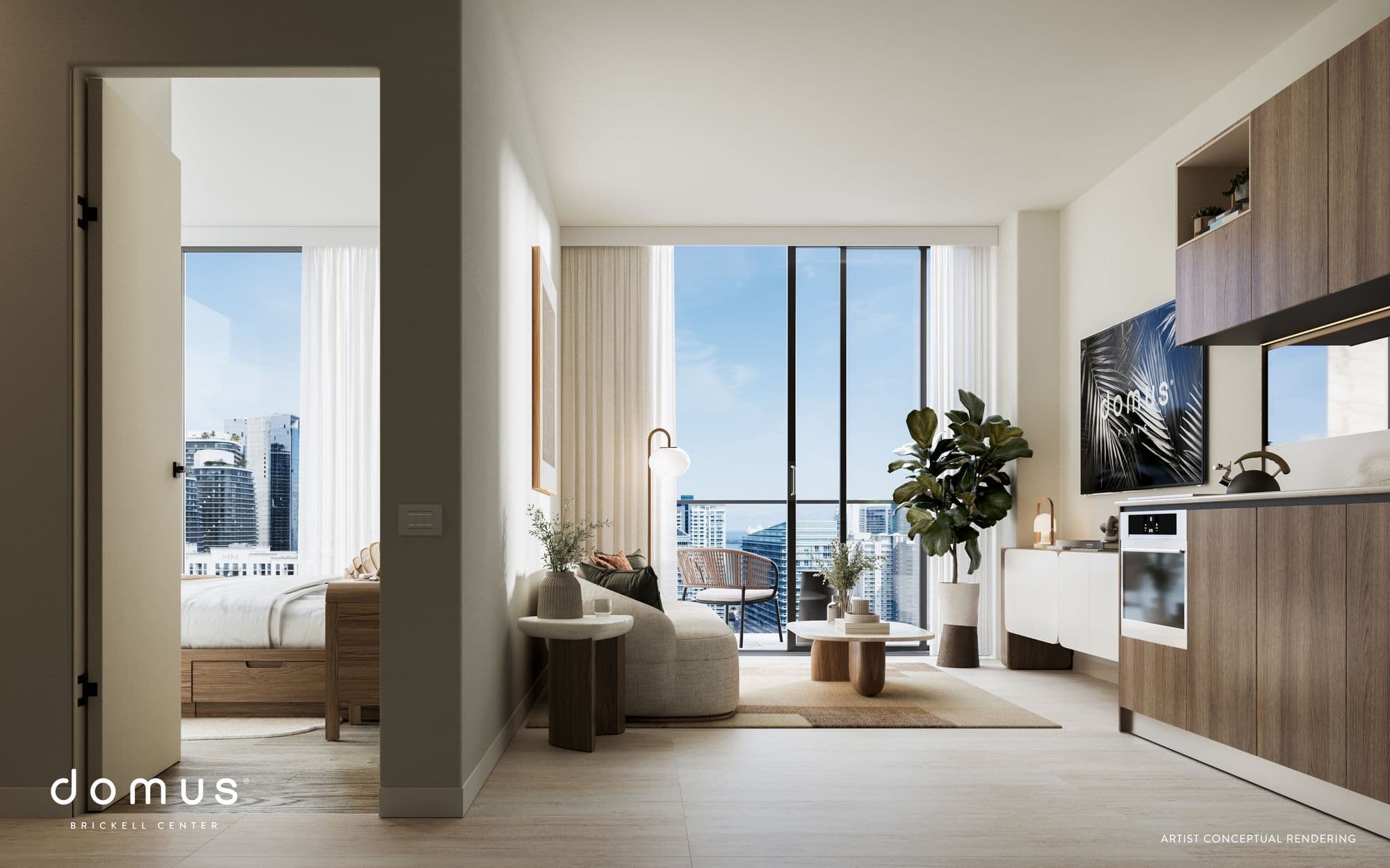 Living room and bedroom in a one-bedroom residence