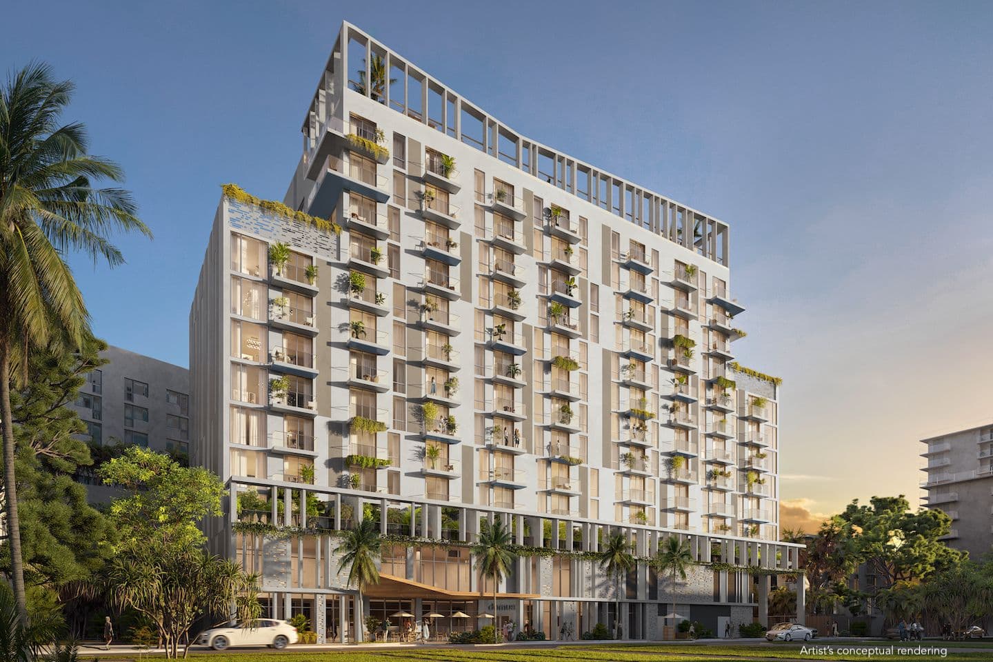 Fachada de Domus Brickell Park con balcones y jardines