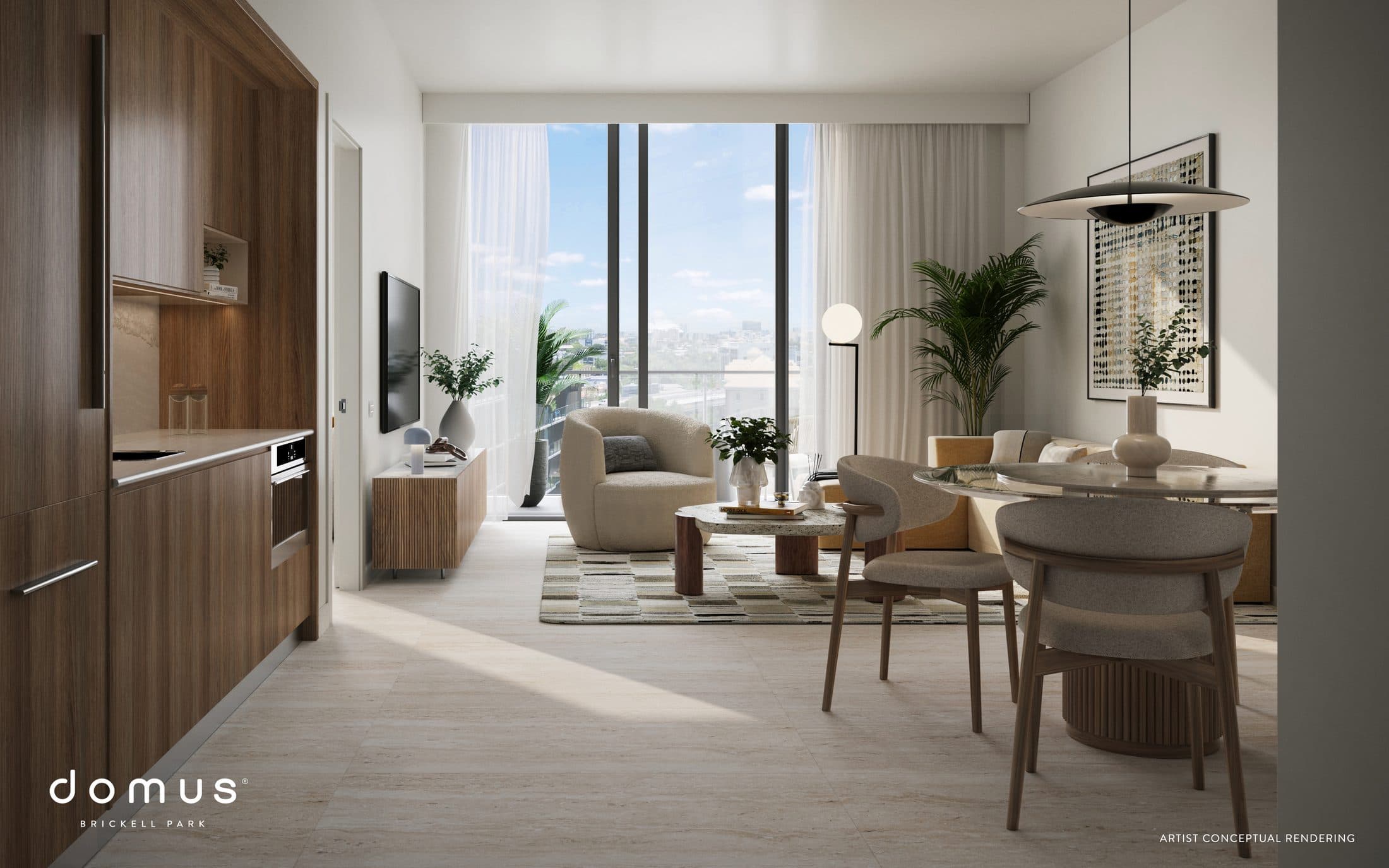 Living, dining and kitchen in a furnished residence
