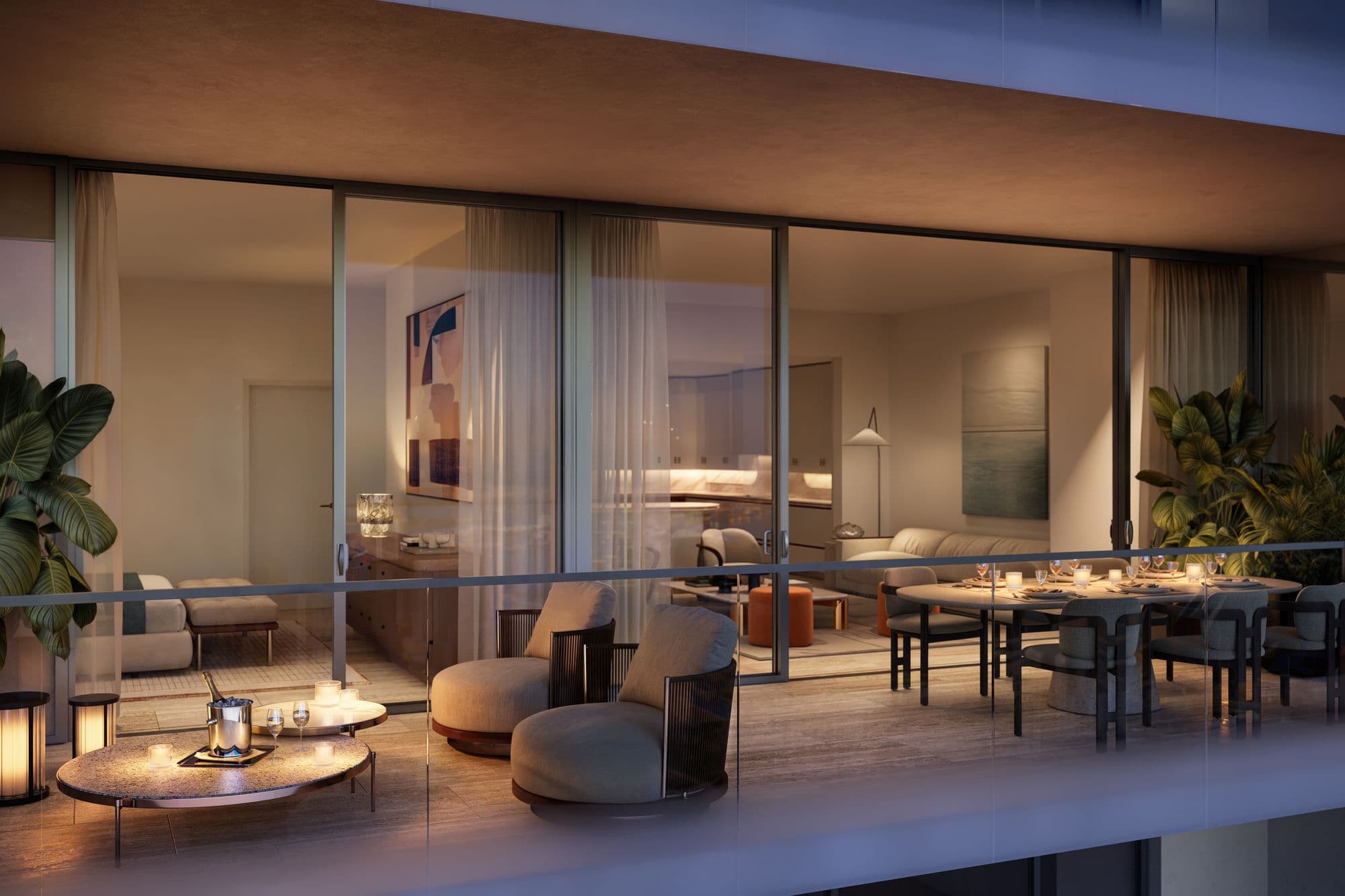 Living room and terrace at dusk