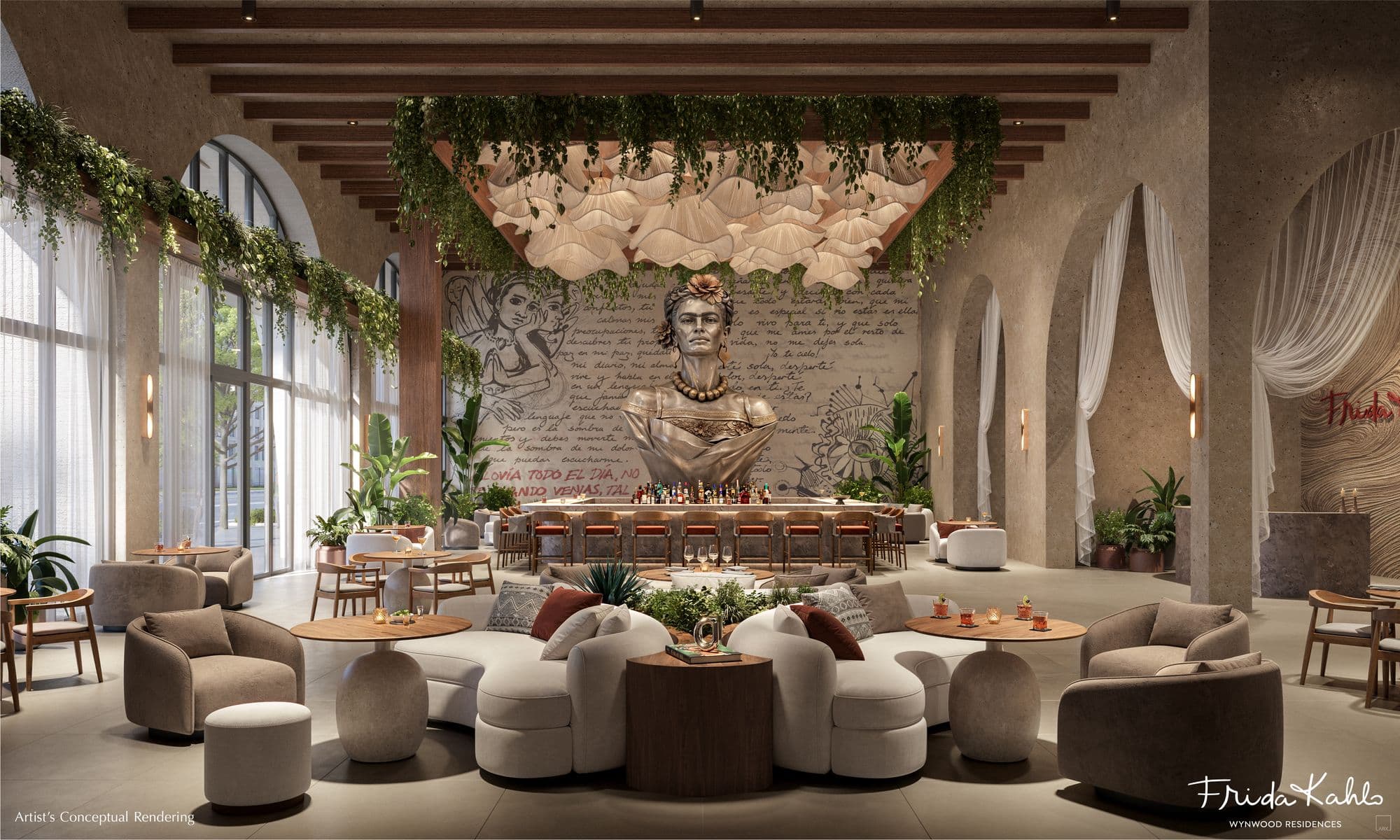 The lobby speakeasy bar, with a sculpture inspired by Frida Kahlo