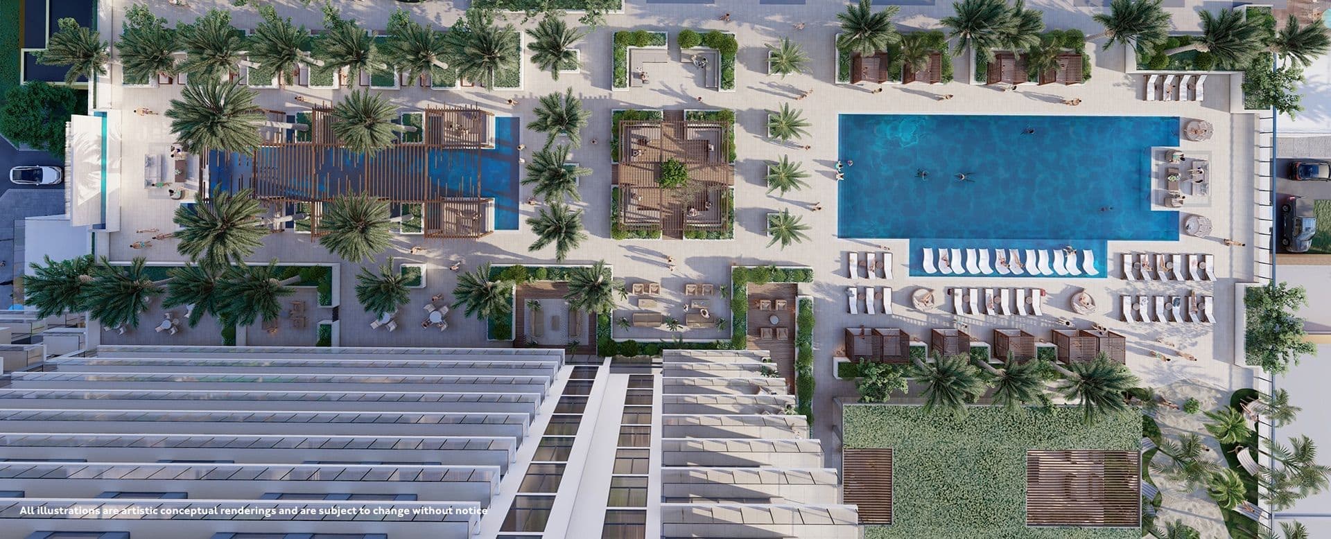 Aerial view of the pool and gardens