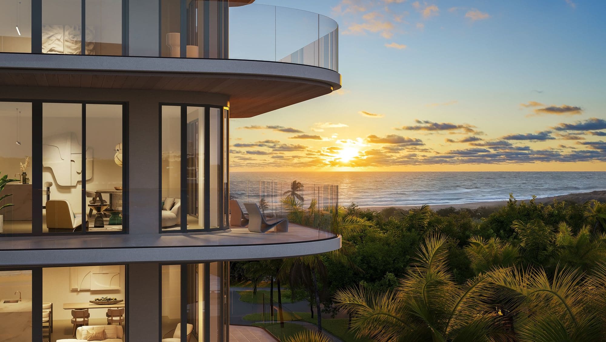 Ocean-facing balconies at sunrise