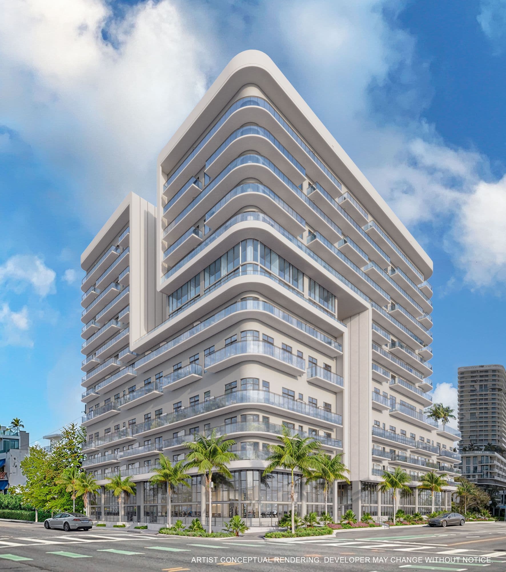 The facade, with curved terraces designed by Arquitectonica