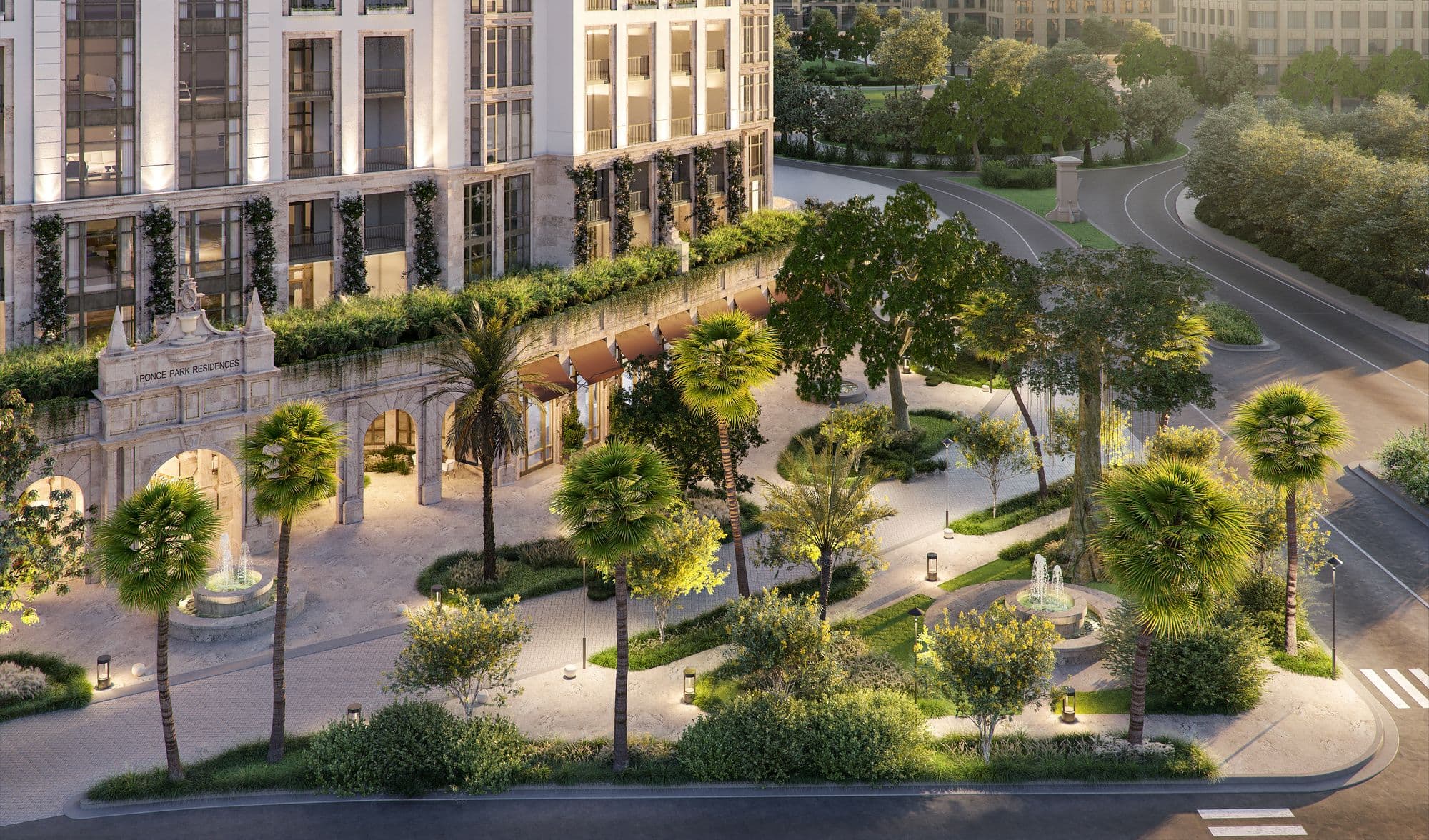 Park and promenade in front of the building