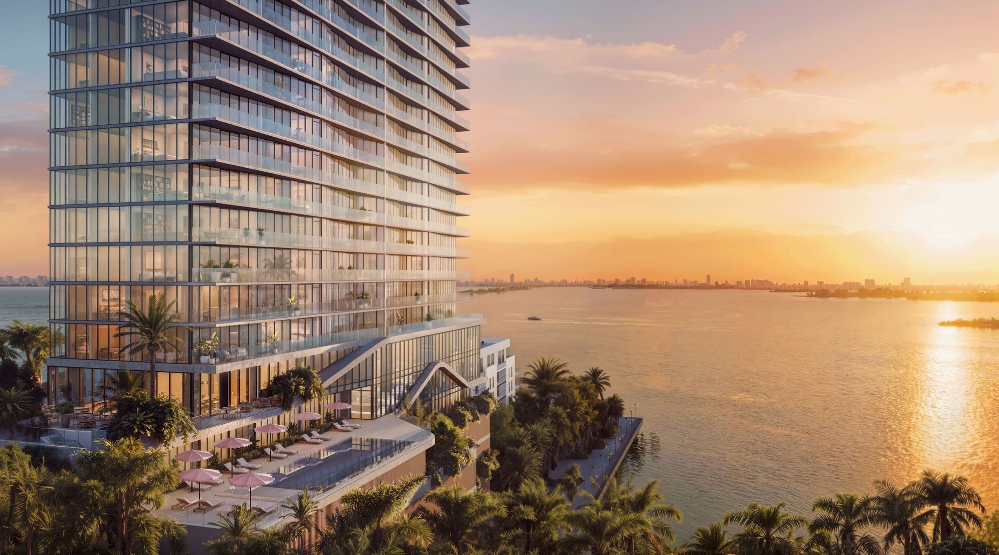 The Cove Residences frente a la Bahía de Biscayne al atardecer