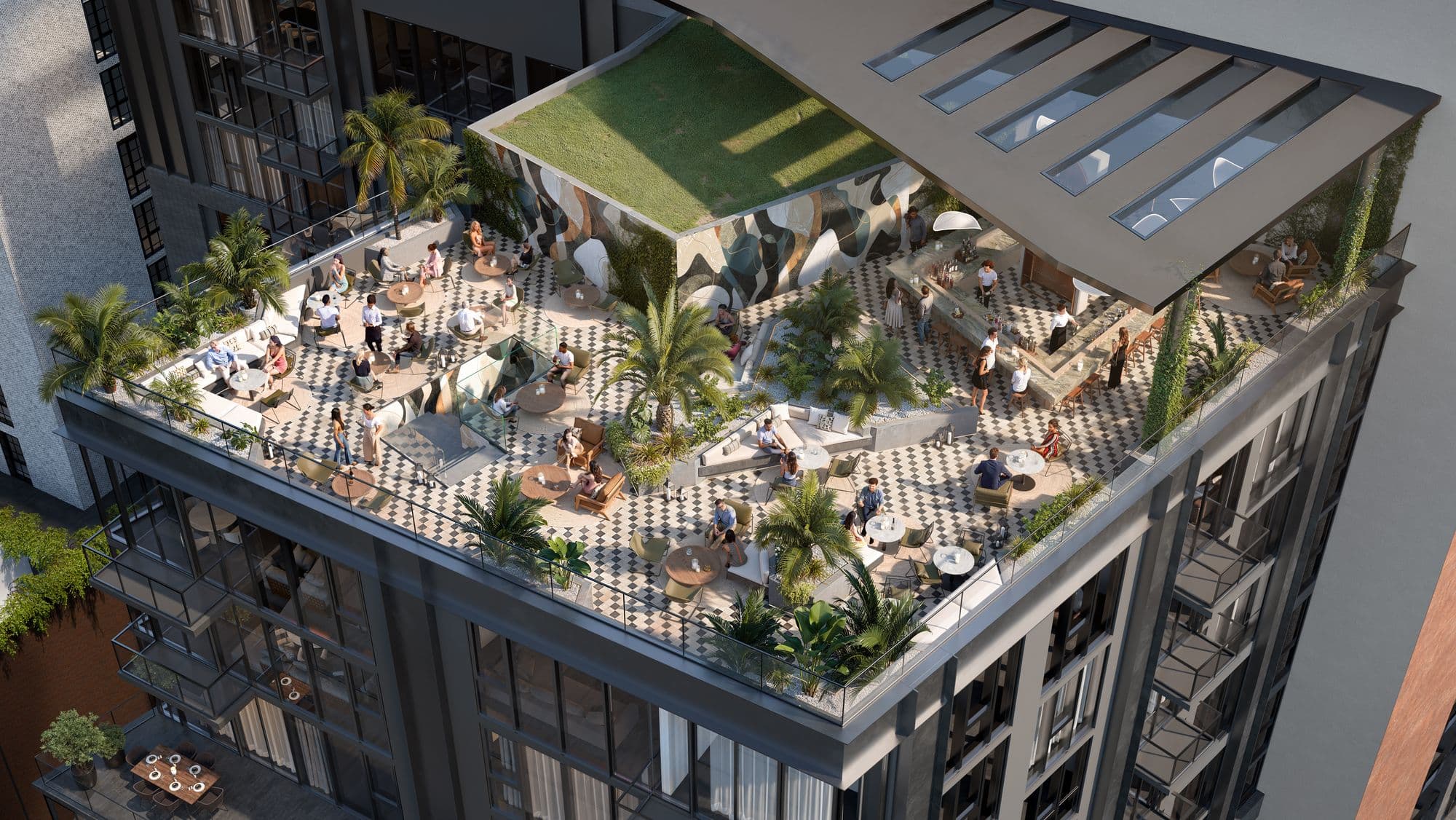 Aerial view of the rooftop lounge and gardens