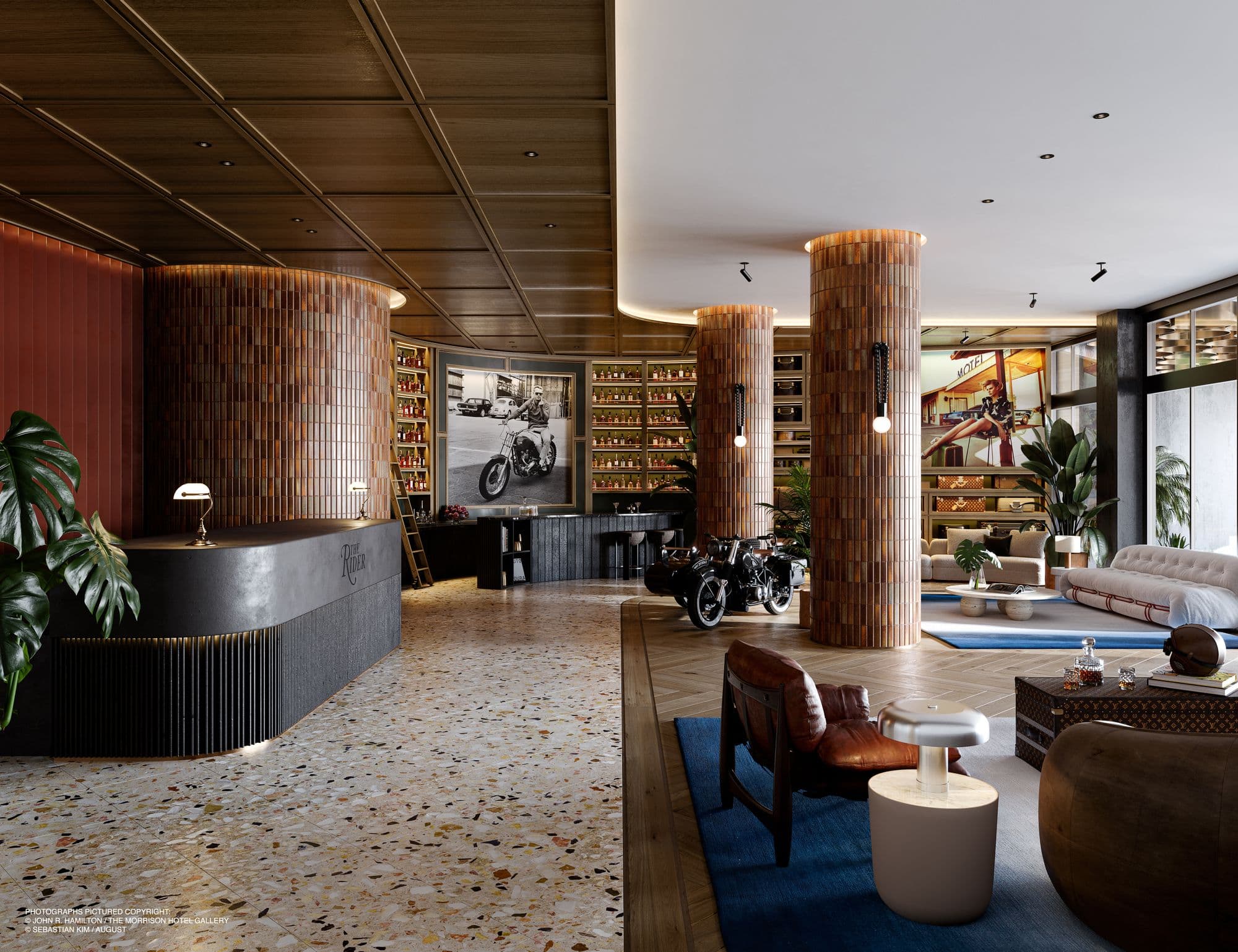 Lobby with reception and collector motorcycles