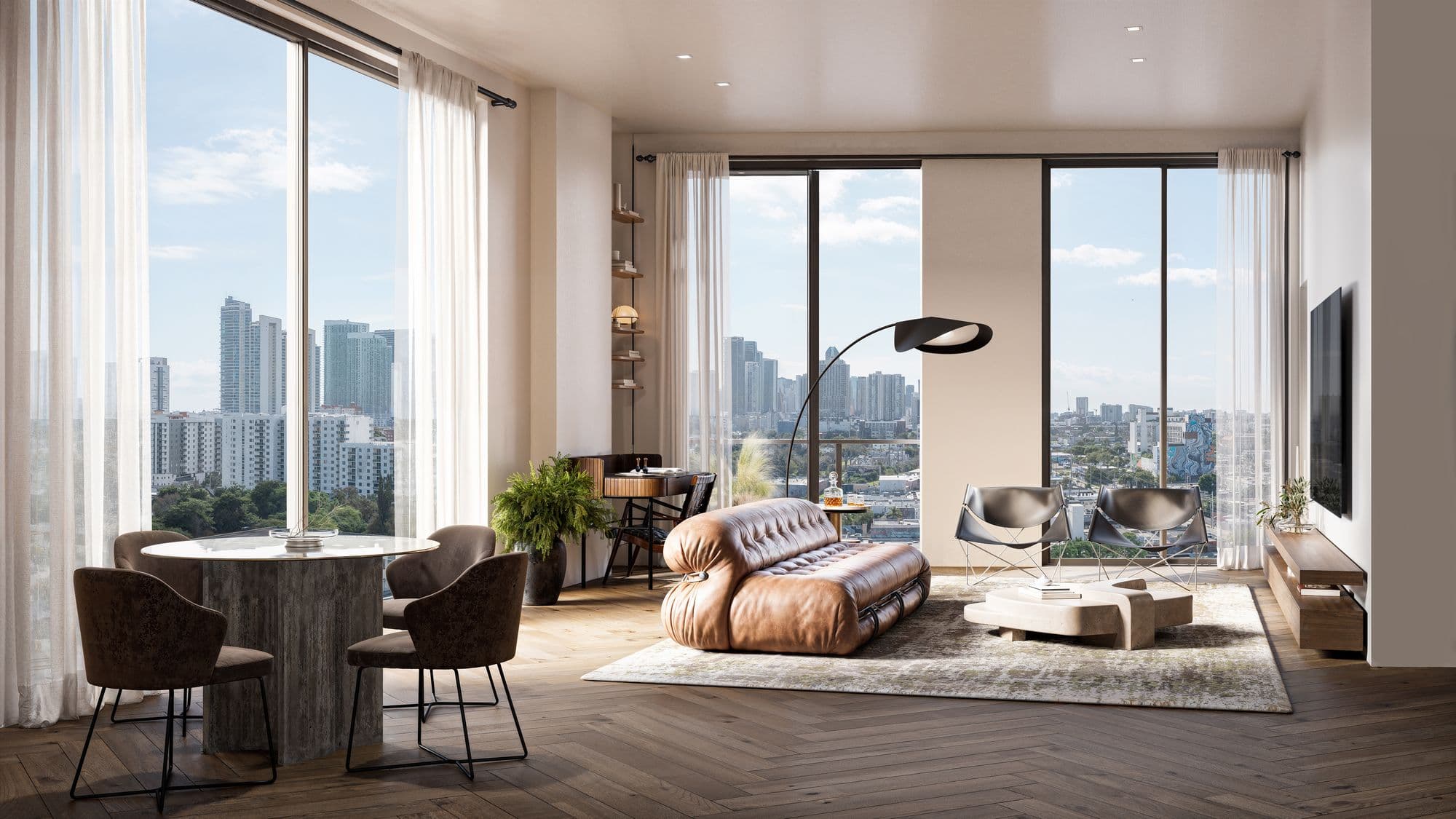 Living room of a residence with city views